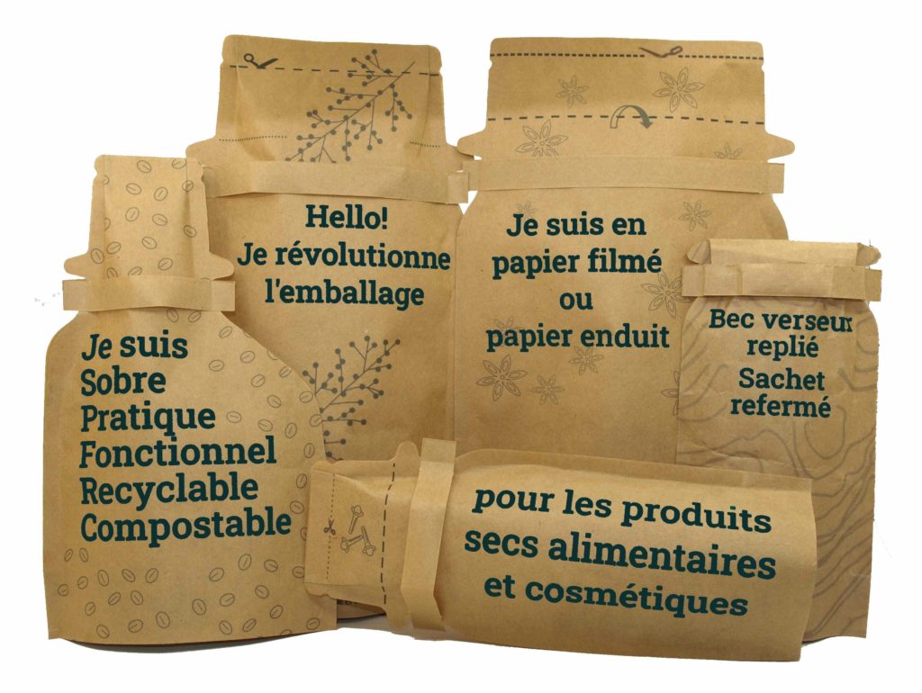 Gamme de 5 sachets recharge doypack adyPACK en papier refermable écologique zéro plastique